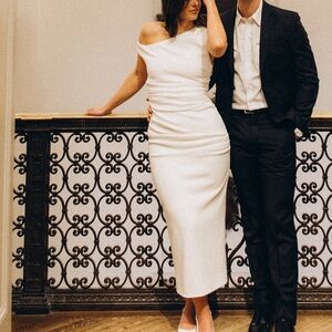 MISHA ALASKA OFF SHOULDER MIDI DRESS